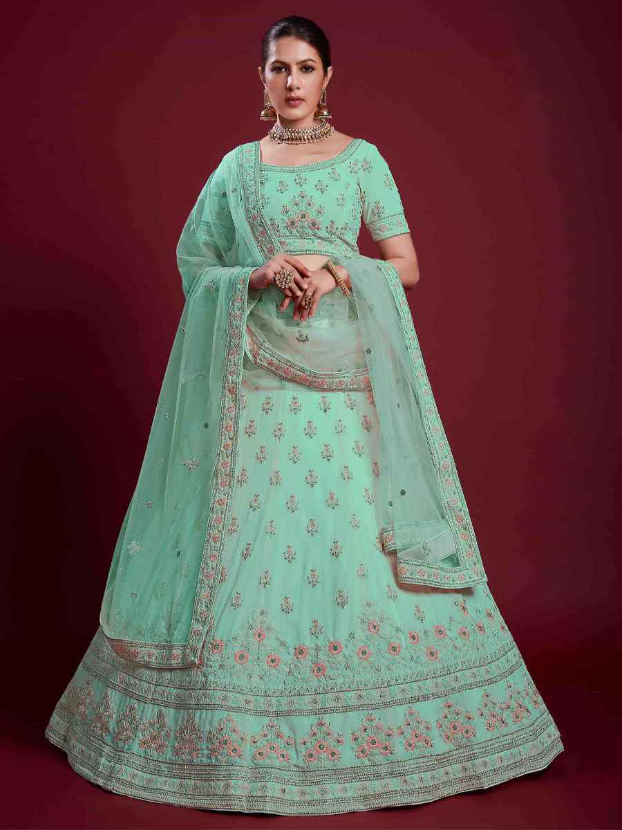 Turquoise Georgette Embroidered Bridal Wedding Heavy Border Lehenga Choli