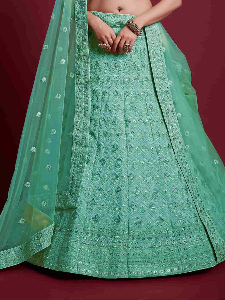 Turquoise Georgette Embroidered Bridal Wedding Heavy Border Lehenga Choli