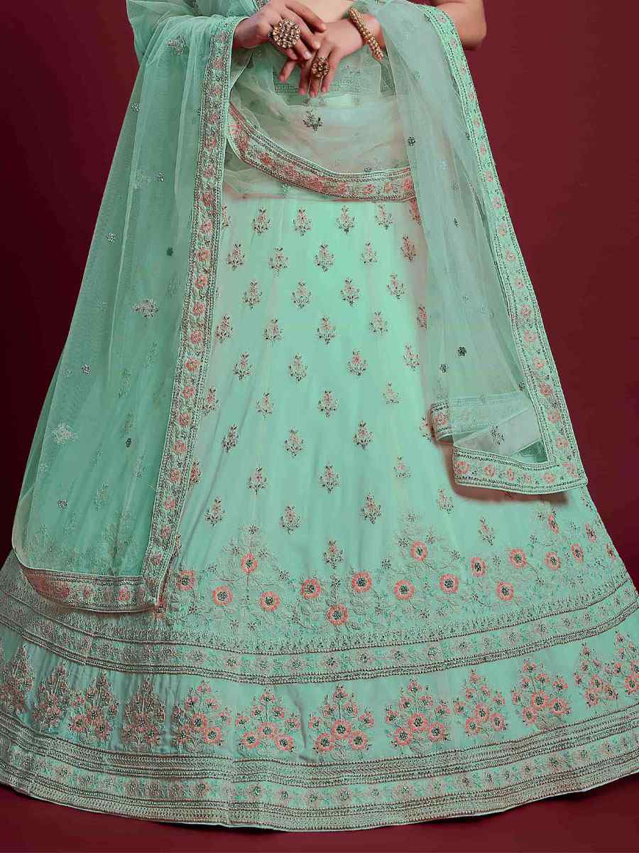Turquoise Georgette Embroidered Bridal Wedding Heavy Border Lehenga Choli