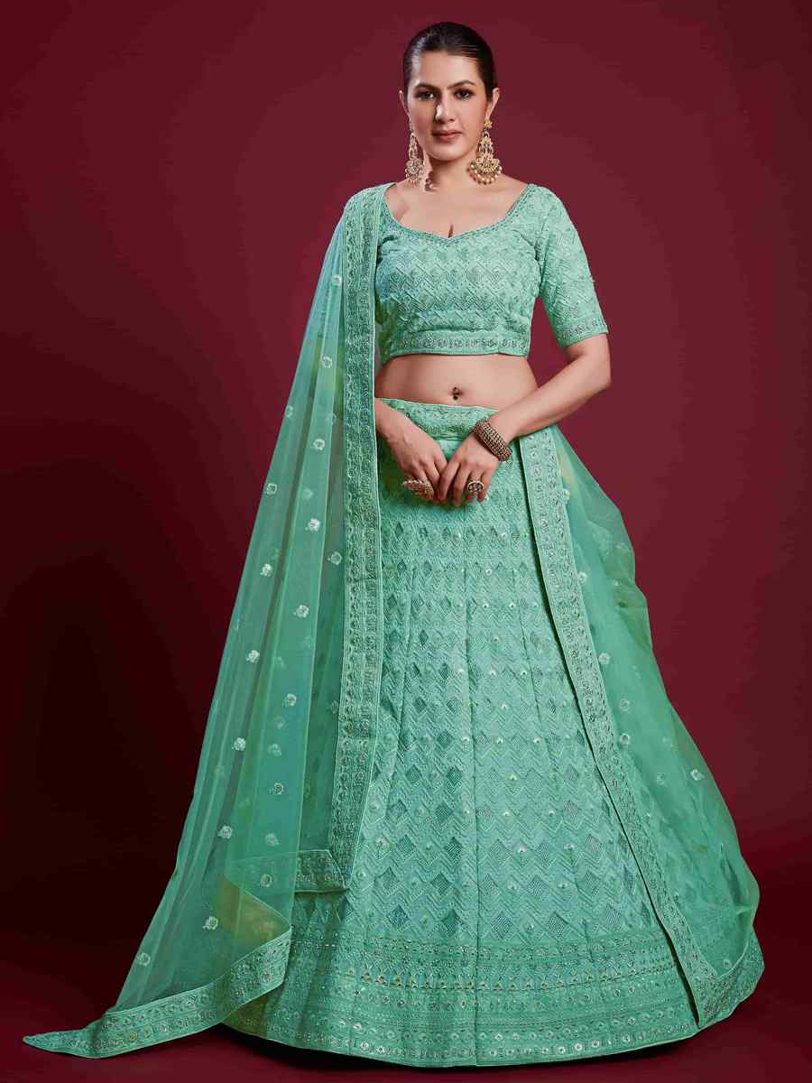 Turquoise Georgette Embroidered Bridal Wedding Heavy Border Lehenga Choli