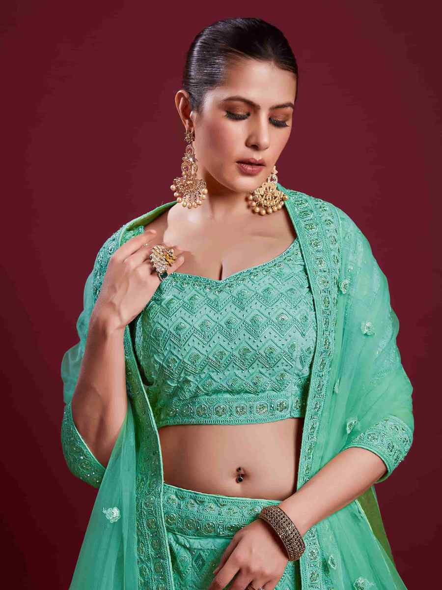 Turquoise Georgette Embroidered Bridal Wedding Heavy Border Lehenga Choli