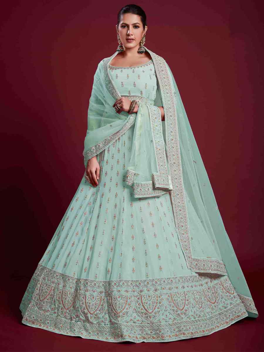 Turquoise Georgette Embroidered Bridal Wedding Heavy Border Lehenga Choli