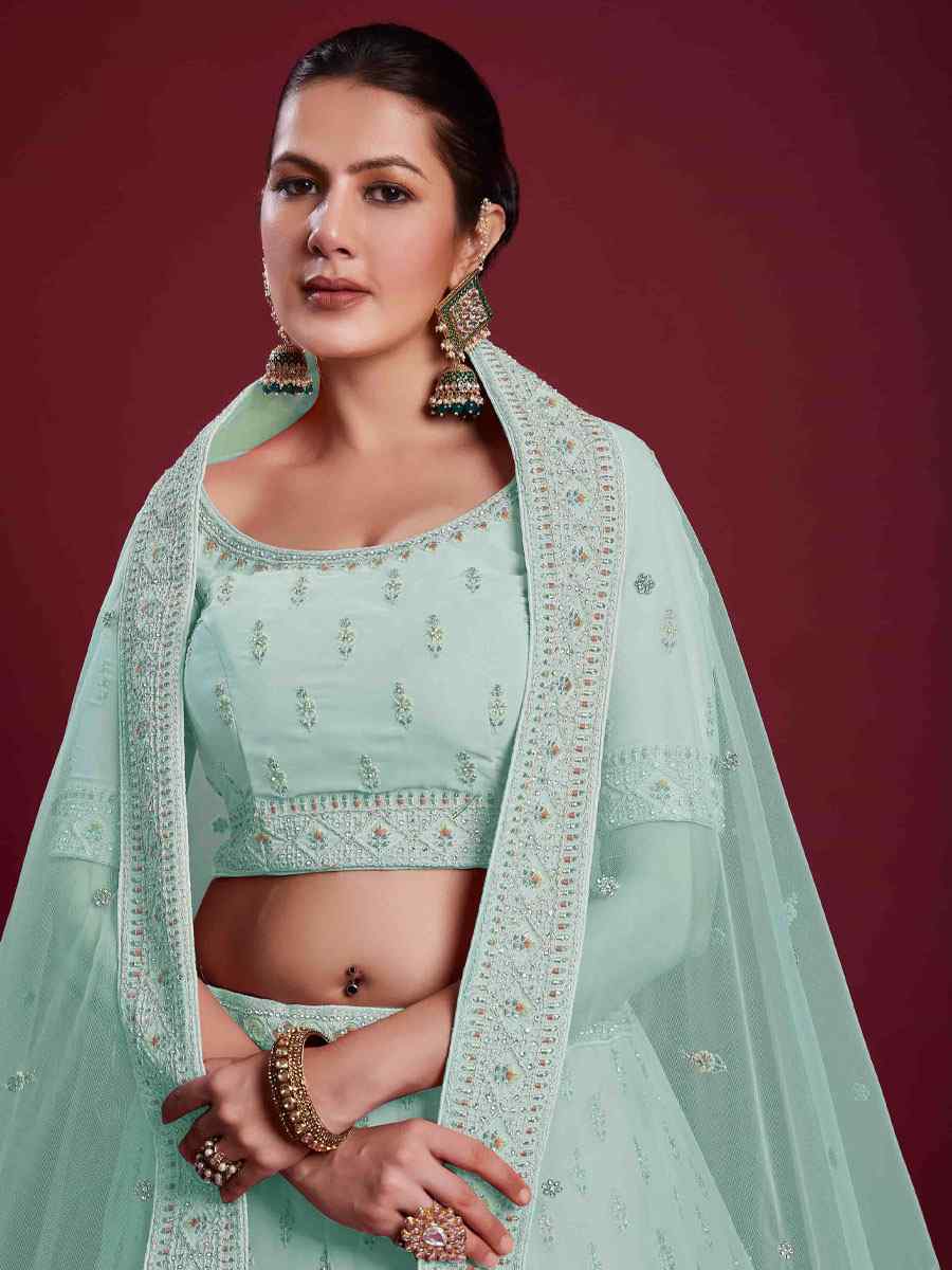 Turquoise Georgette Embroidered Bridal Wedding Heavy Border Lehenga Choli