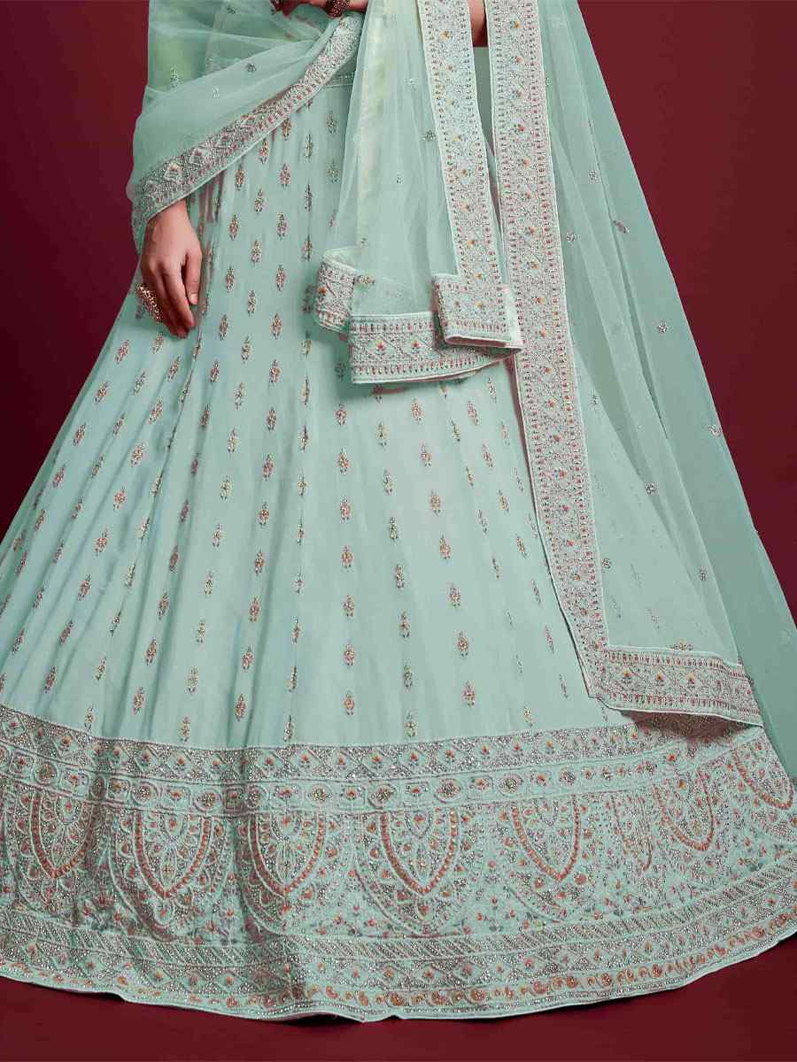 Turquoise Georgette Embroidered Bridal Wedding Heavy Border Lehenga Choli