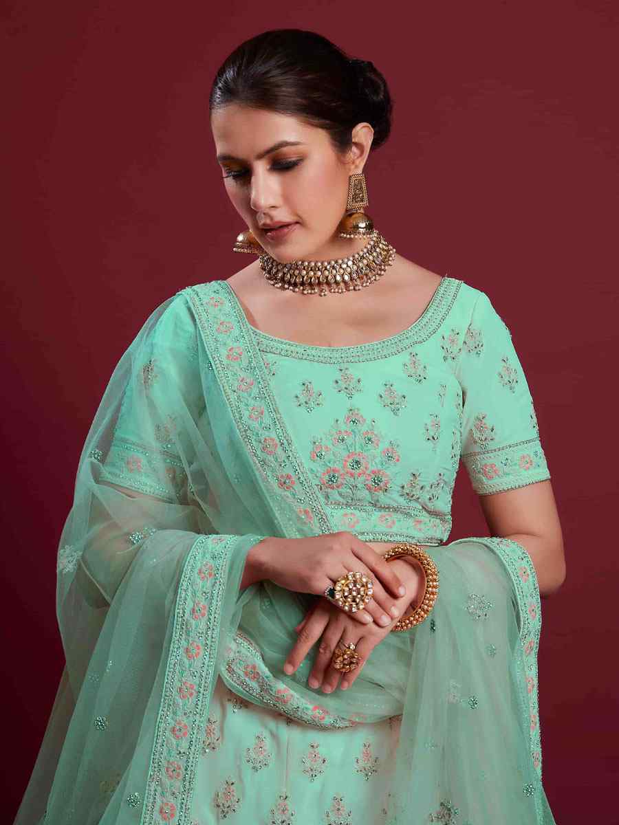 Turquoise Georgette Embroidered Bridal Wedding Heavy Border Lehenga Choli