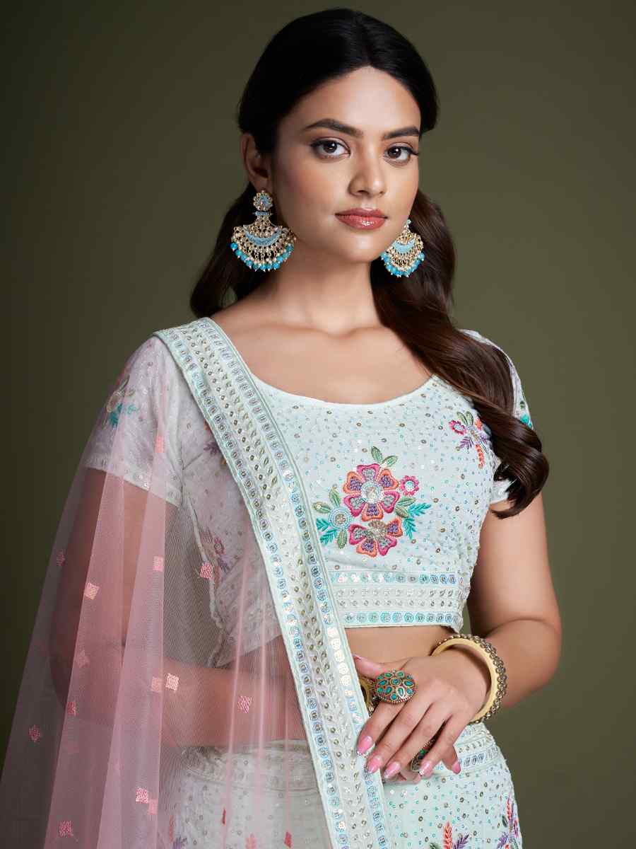 Turquoise Georgette Embroidered Bridesmaid Reception Heavy Border Lehenga Choli