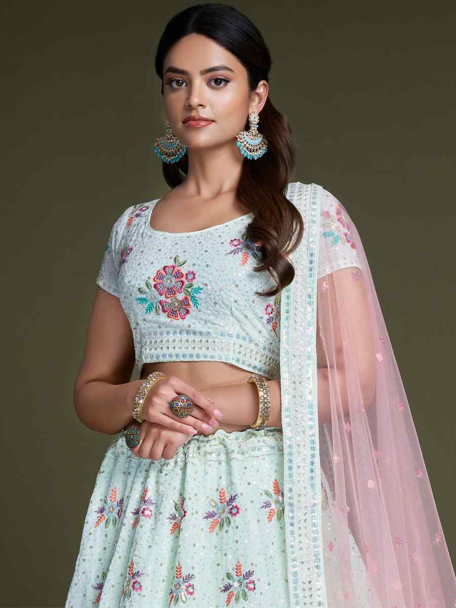 Turquoise Georgette Embroidered Bridesmaid Reception Heavy Border Lehenga Choli
