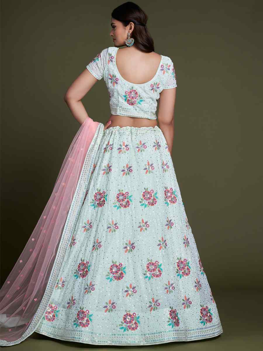 Turquoise Georgette Embroidered Bridesmaid Reception Heavy Border Lehenga Choli