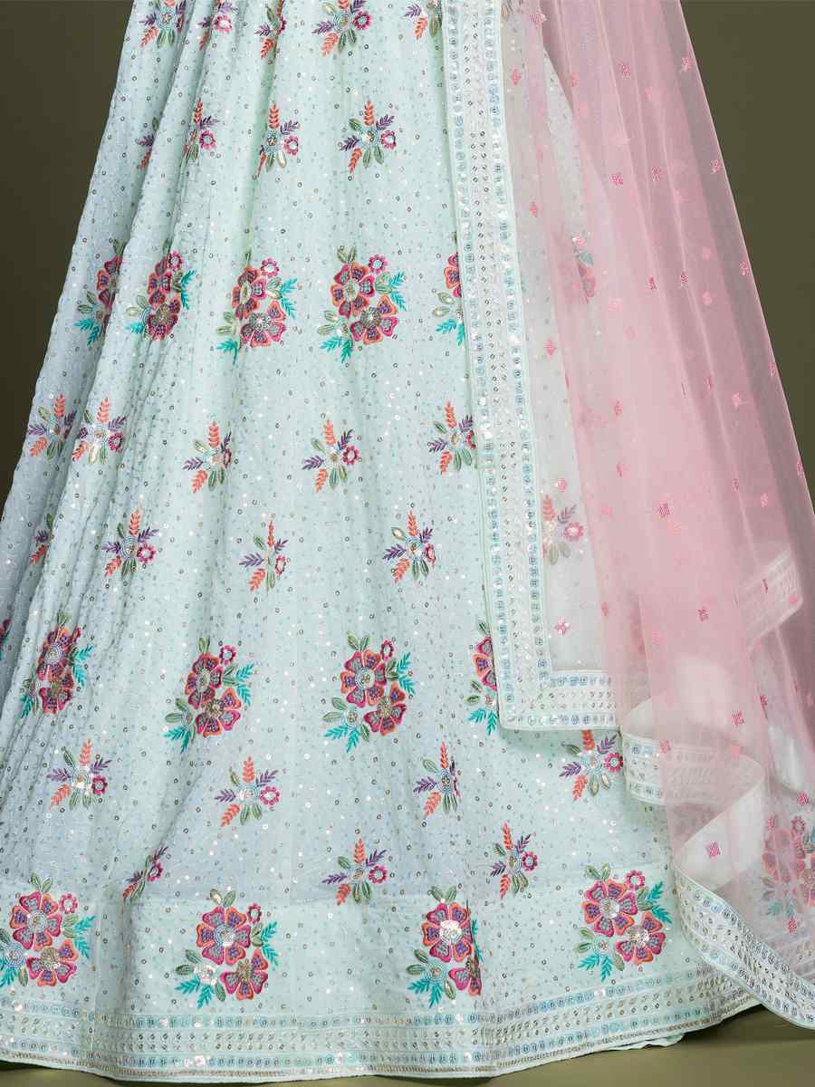 Turquoise Georgette Embroidered Bridesmaid Reception Heavy Border Lehenga Choli