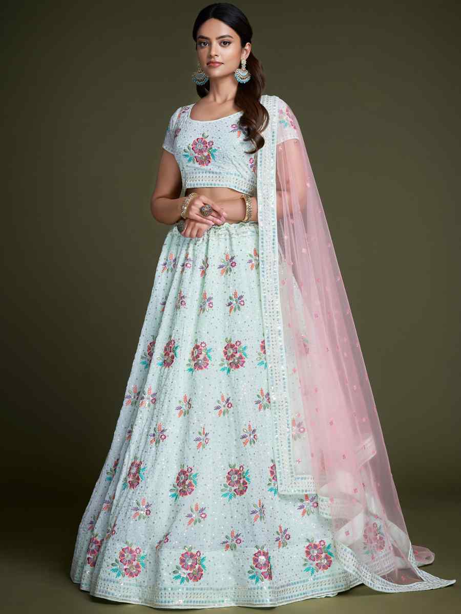 Turquoise Georgette Embroidered Bridesmaid Reception Heavy Border Lehenga Choli