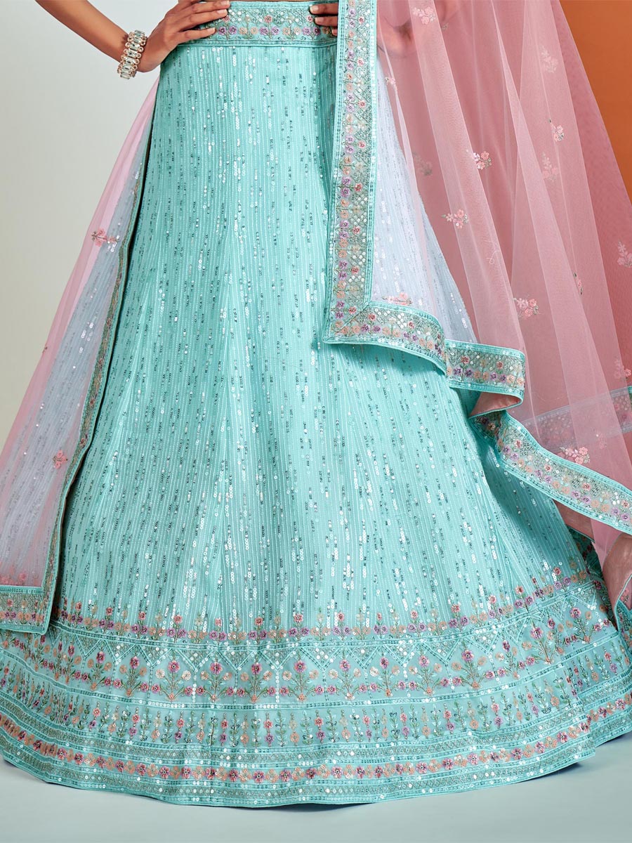 Turquoise Georgette Embroidered Bridesmaid Wedding Heavy Border Lehenga Choli