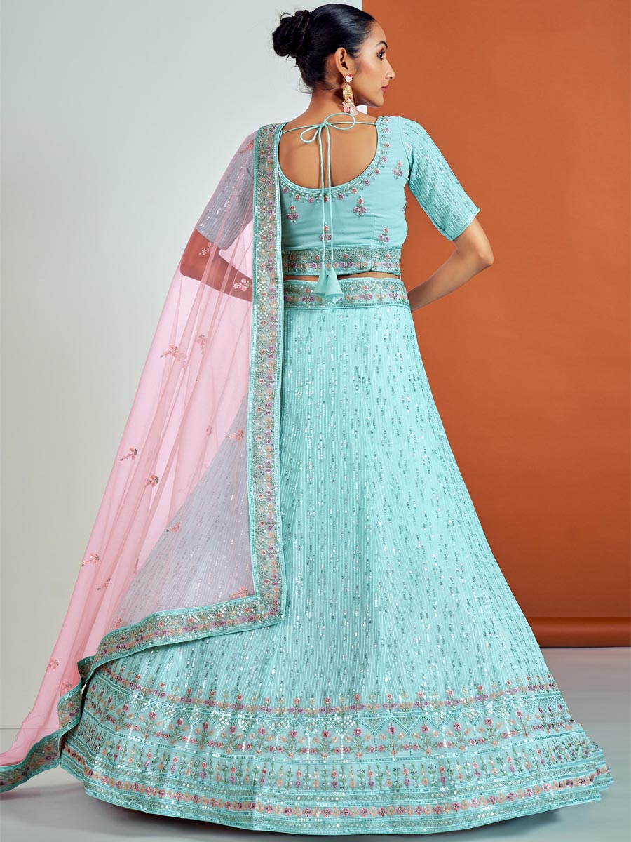 Turquoise Georgette Embroidered Bridesmaid Wedding Heavy Border Lehenga Choli