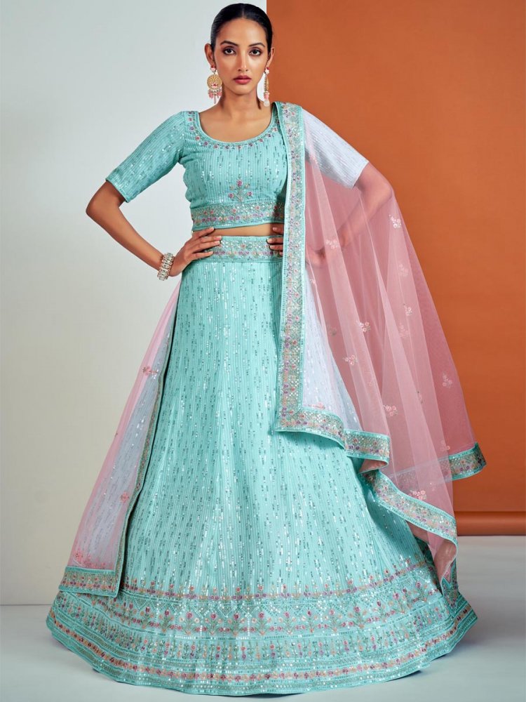 Turquoise Georgette Embroidered Bridesmaid Wedding Heavy Border Lehenga Choli