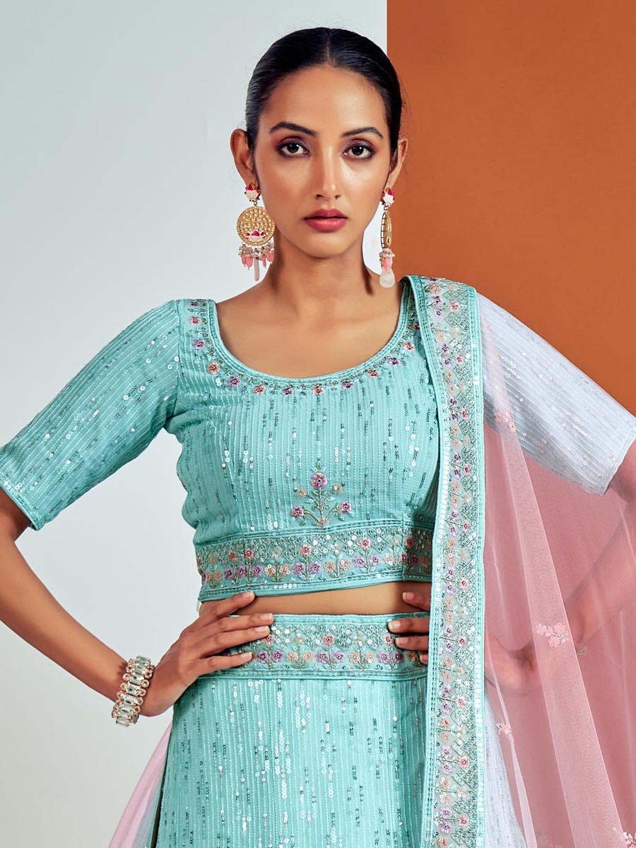 Turquoise Georgette Embroidered Bridesmaid Wedding Heavy Border Lehenga Choli