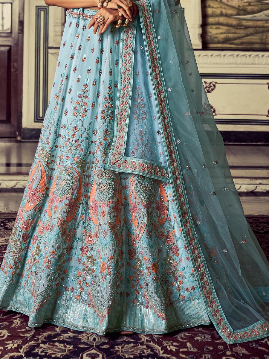 Turquoise Georgette Embroidered Engagement Wedding Heavy Border Lehenga Choli