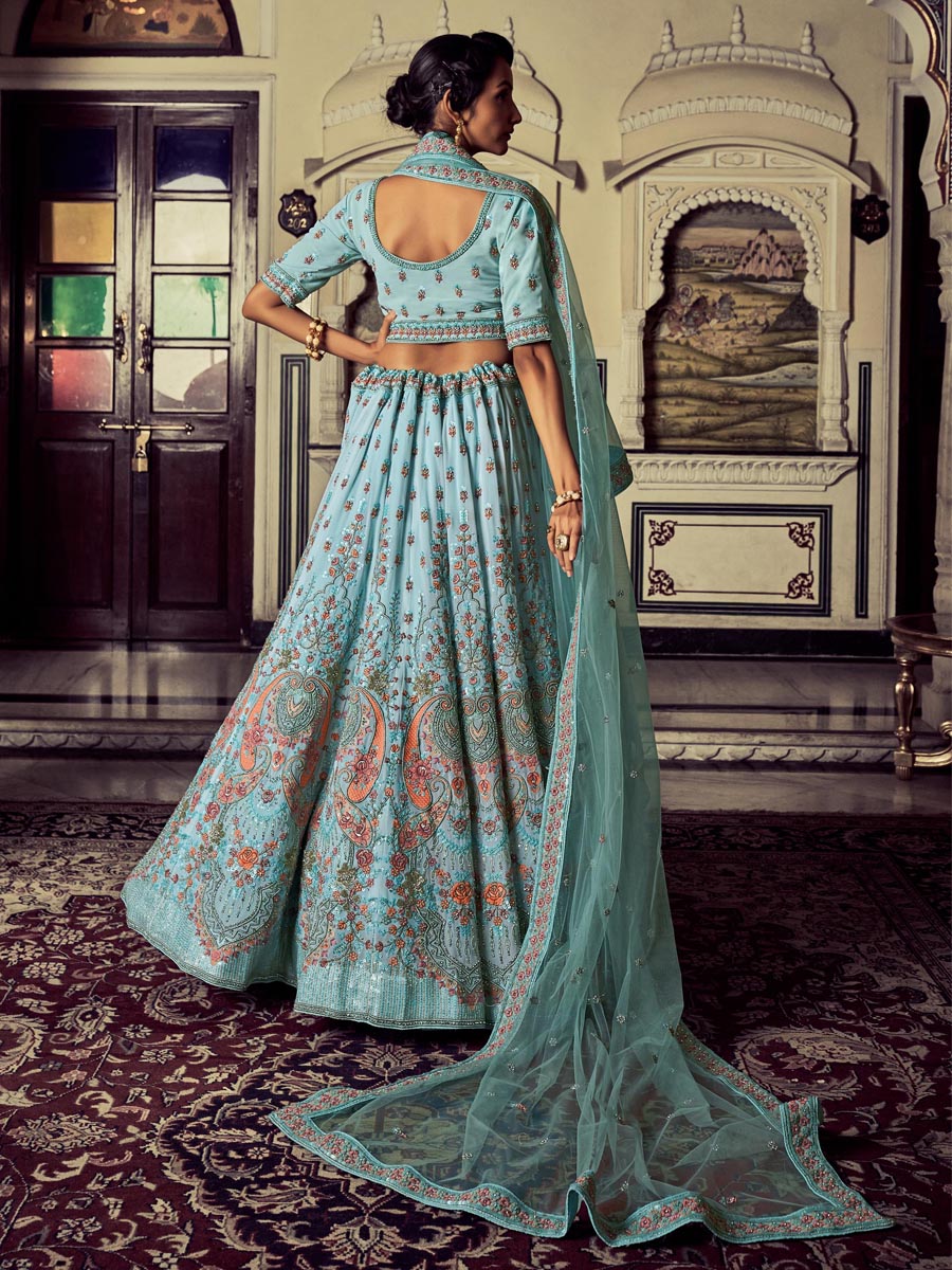 Turquoise Georgette Embroidered Engagement Wedding Heavy Border Lehenga Choli