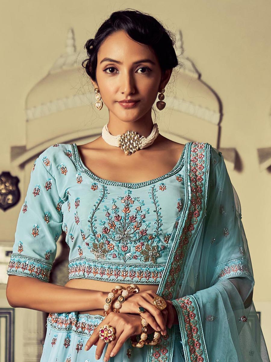 Turquoise Georgette Embroidered Engagement Wedding Heavy Border Lehenga Choli