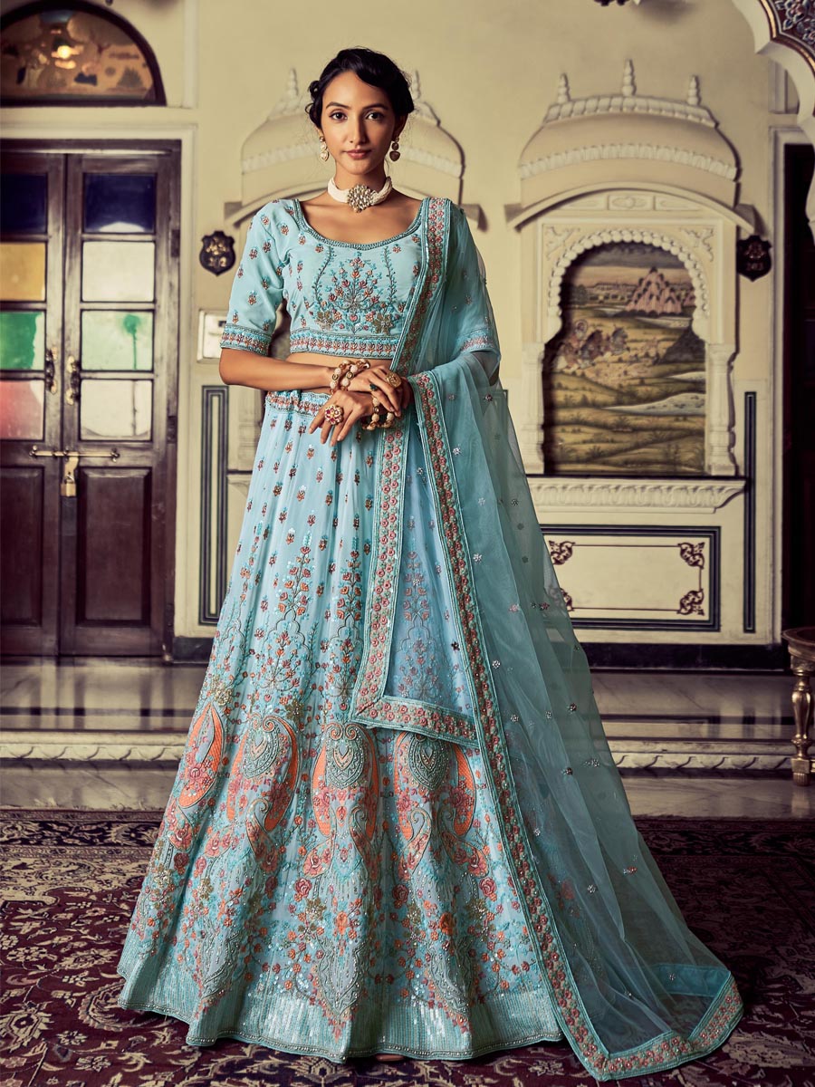 Turquoise Georgette Embroidered Engagement Wedding Heavy Border Lehenga Choli