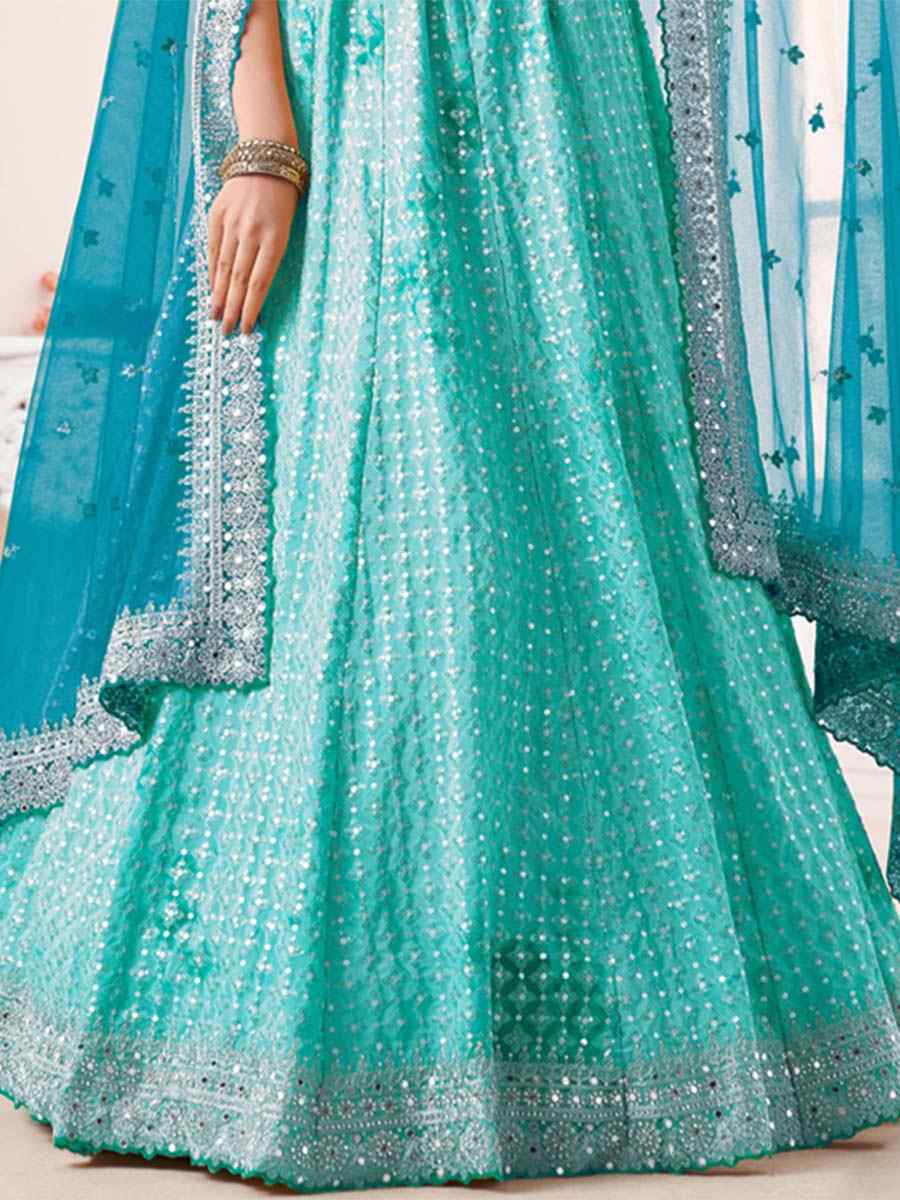 Turquoise Georgette Embroidered Festival Wedding Circular Lehenga Choli