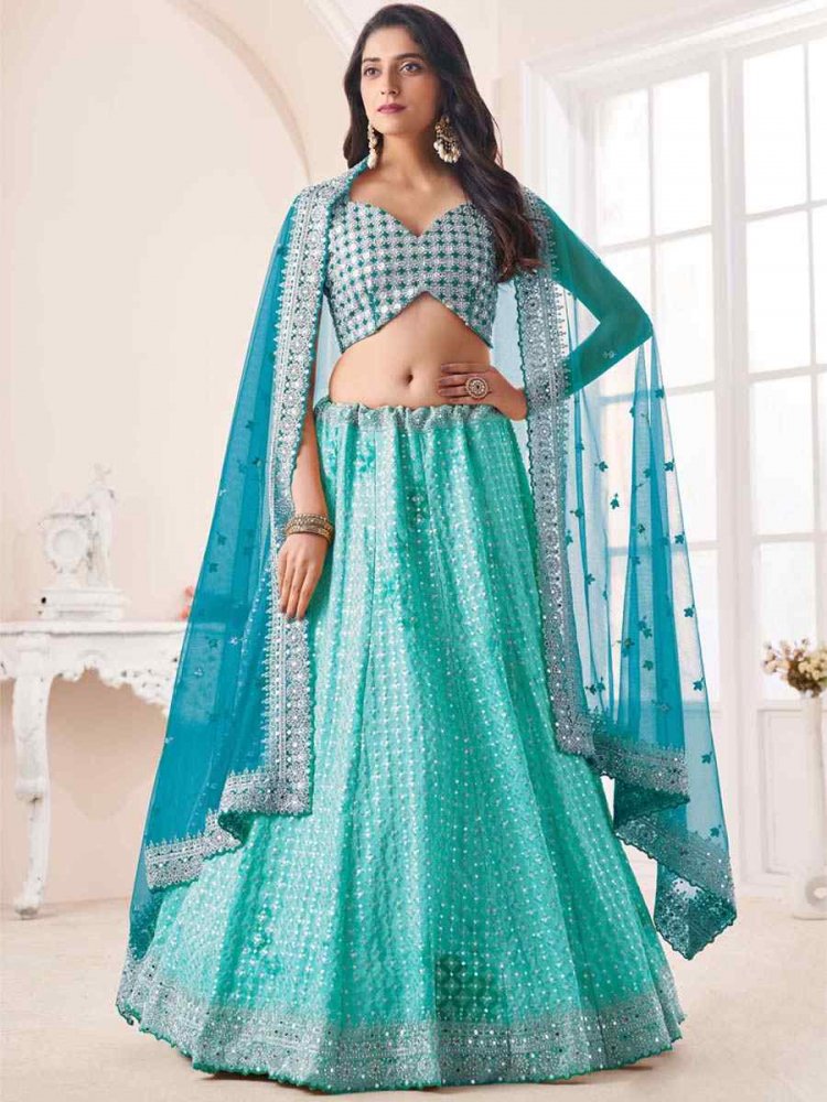 Turquoise Georgette Embroidered Festival Wedding Circular Lehenga Choli