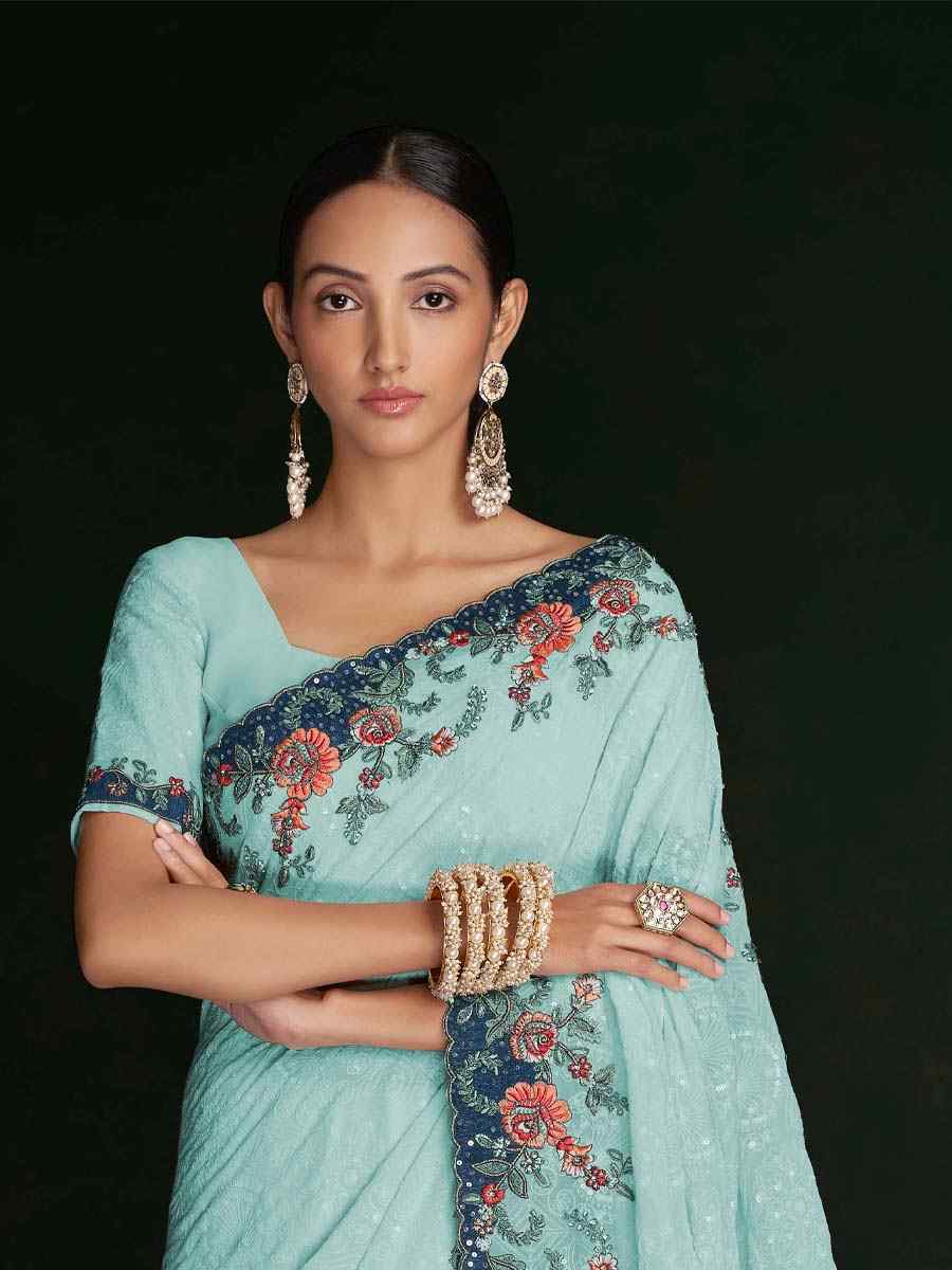 Turquoise Georgette Embroidered Wedding Festival Heavy Border Saree