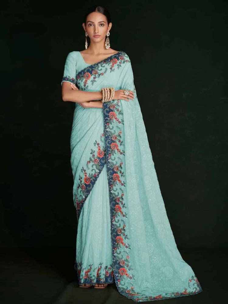 Turquoise Georgette Embroidered Wedding Festival Heavy Border Saree