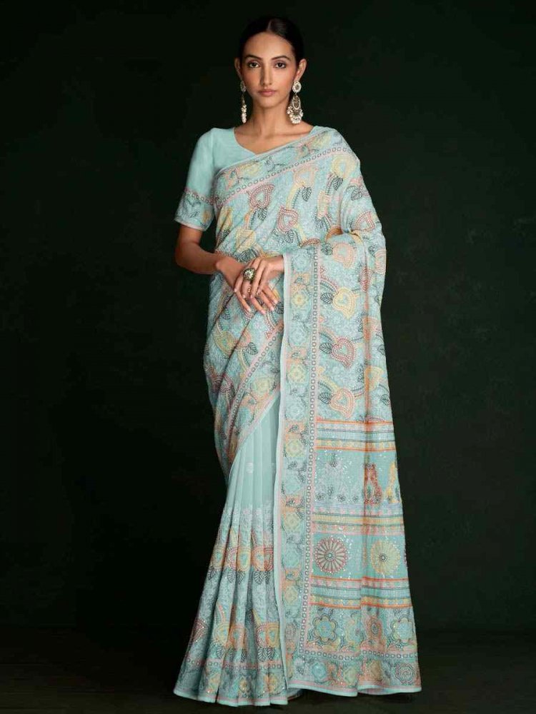 Turquoise Georgette Embroidered Wedding Festival Heavy Border Saree