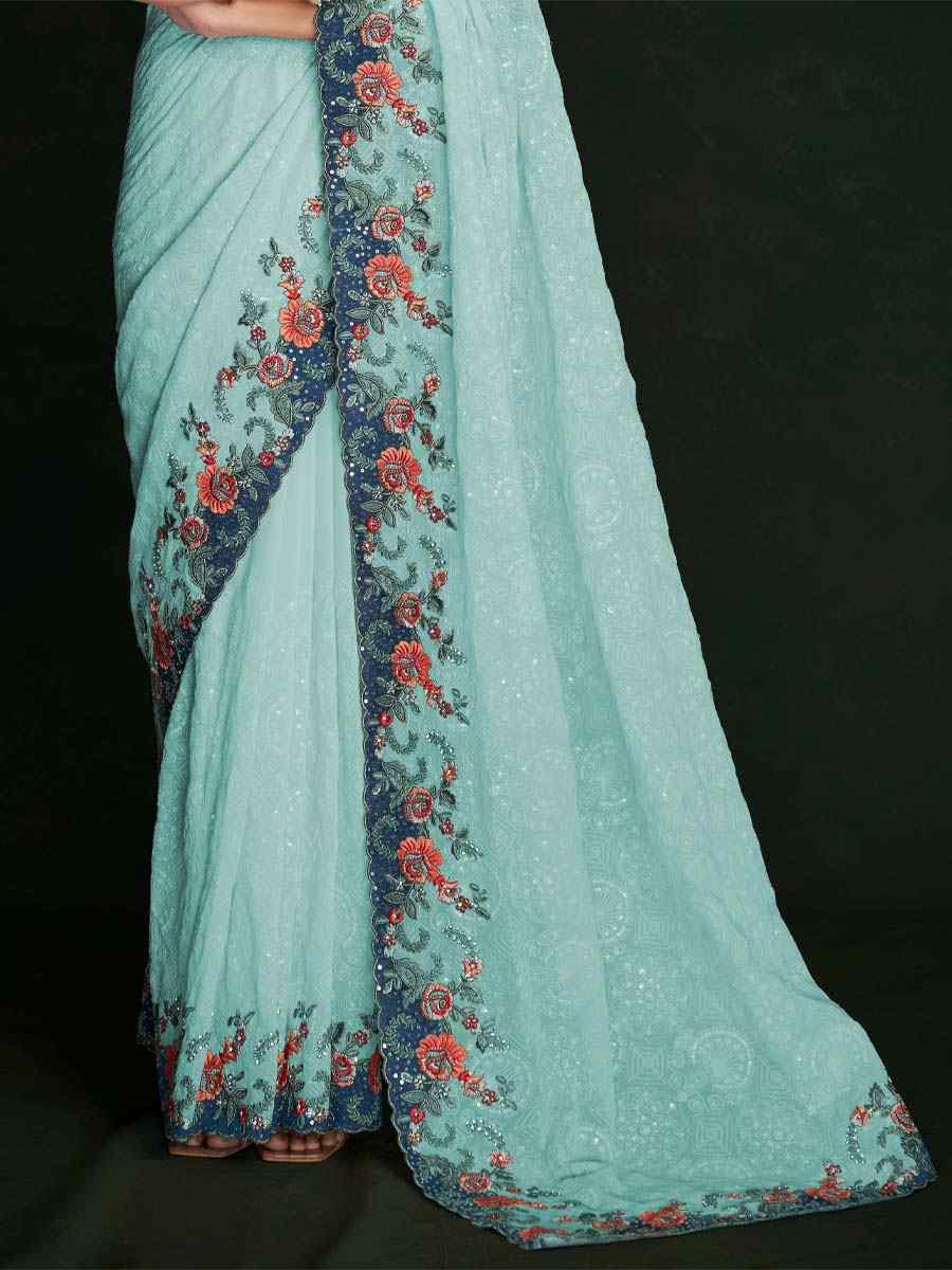 Turquoise Georgette Embroidered Wedding Festival Heavy Border Saree