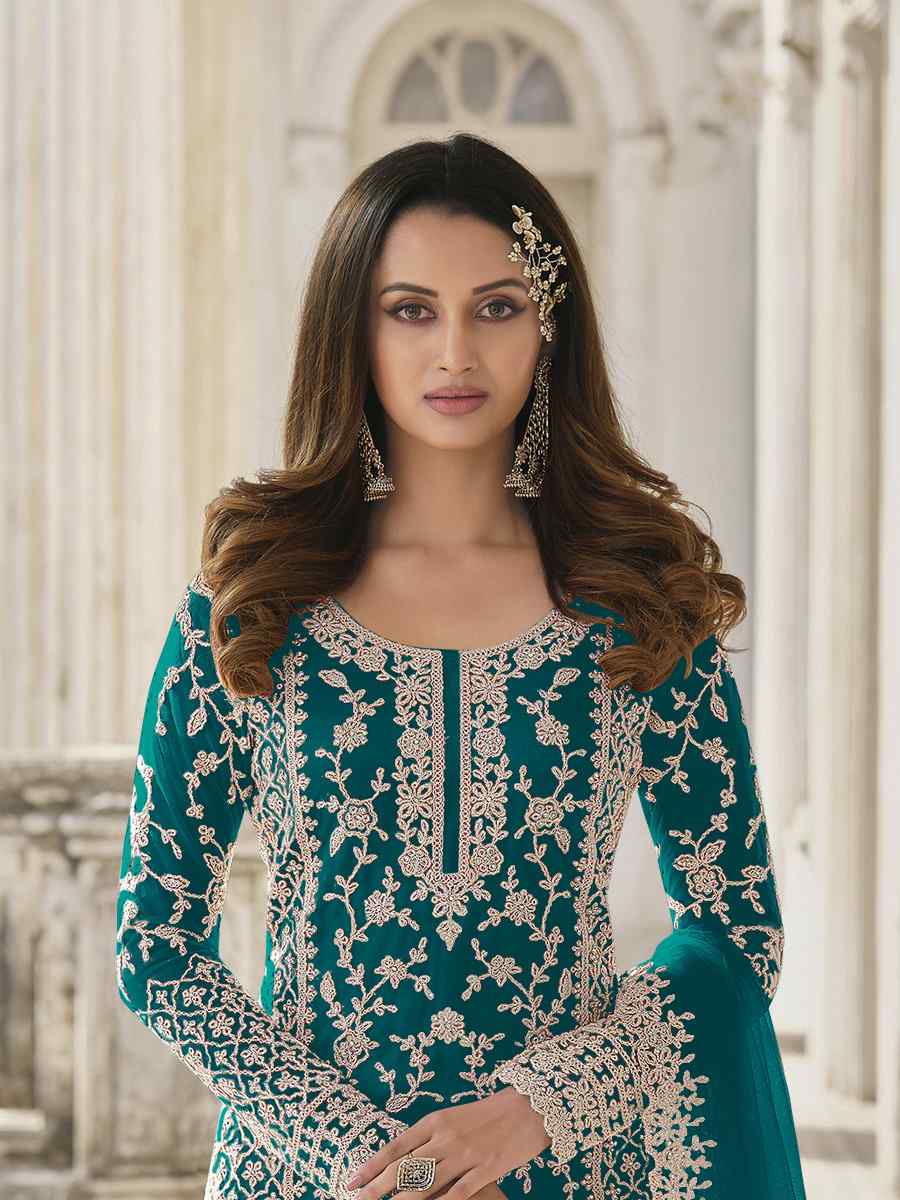 Turquoise Heavy Butterfly Net Embroidered Festival Wedding Palazzo Pant Salwar Kameez