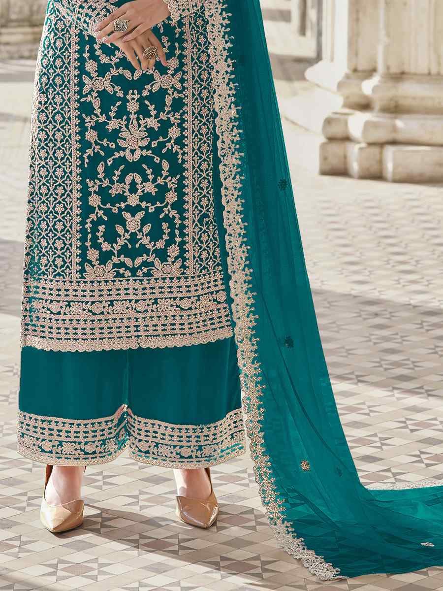 Turquoise Heavy Butterfly Net Embroidered Festival Wedding Palazzo Pant Salwar Kameez