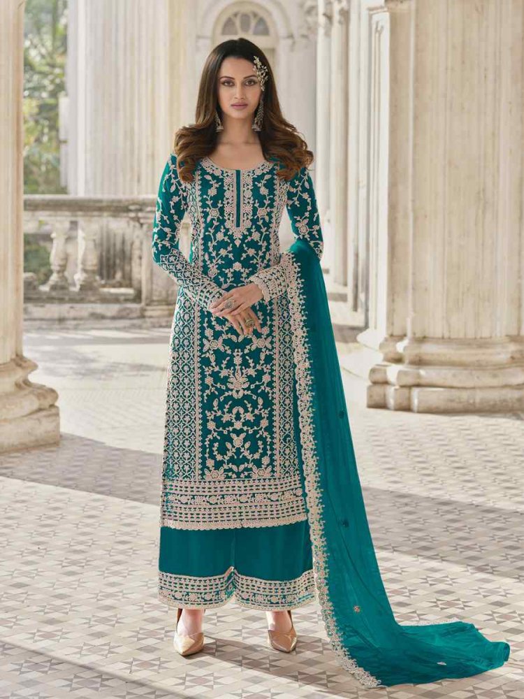 Turquoise Heavy Butterfly Net Embroidered Festival Wedding Palazzo Pant Salwar Kameez