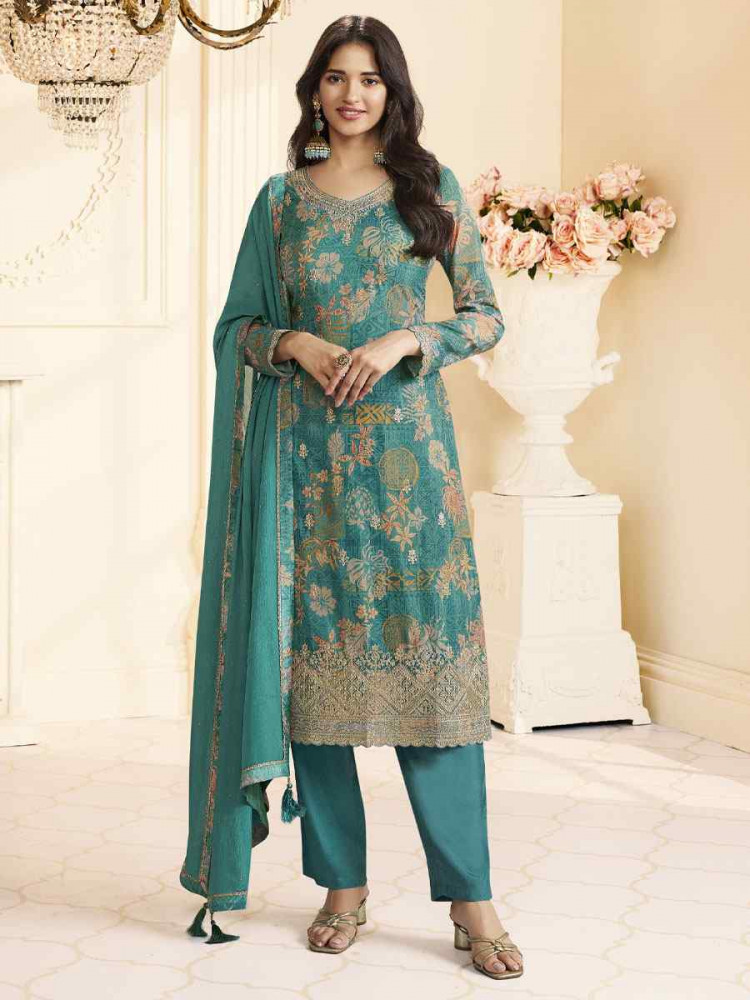 Image of Turquoise Heavy Chinon Embroidery Printed Party Wedding Festival Casual Pant Salwar Kameez