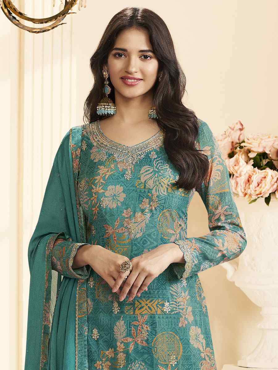 Turquoise Heavy Chinon Embroidery Printed Party Wedding Festival Casual Pant Salwar Kameez
