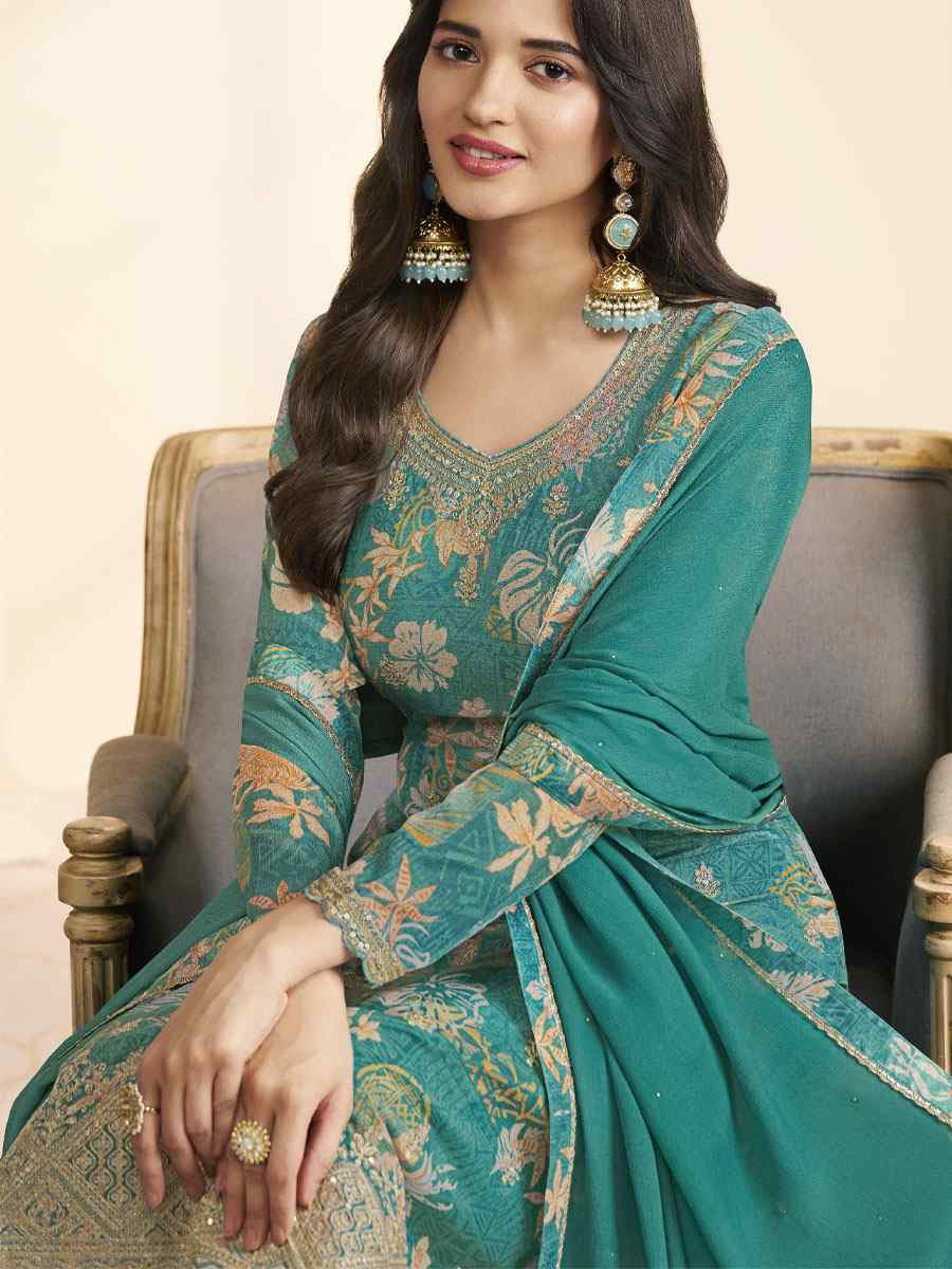 Turquoise Heavy Chinon Embroidery Printed Party Wedding Festival Casual Pant Salwar Kameez