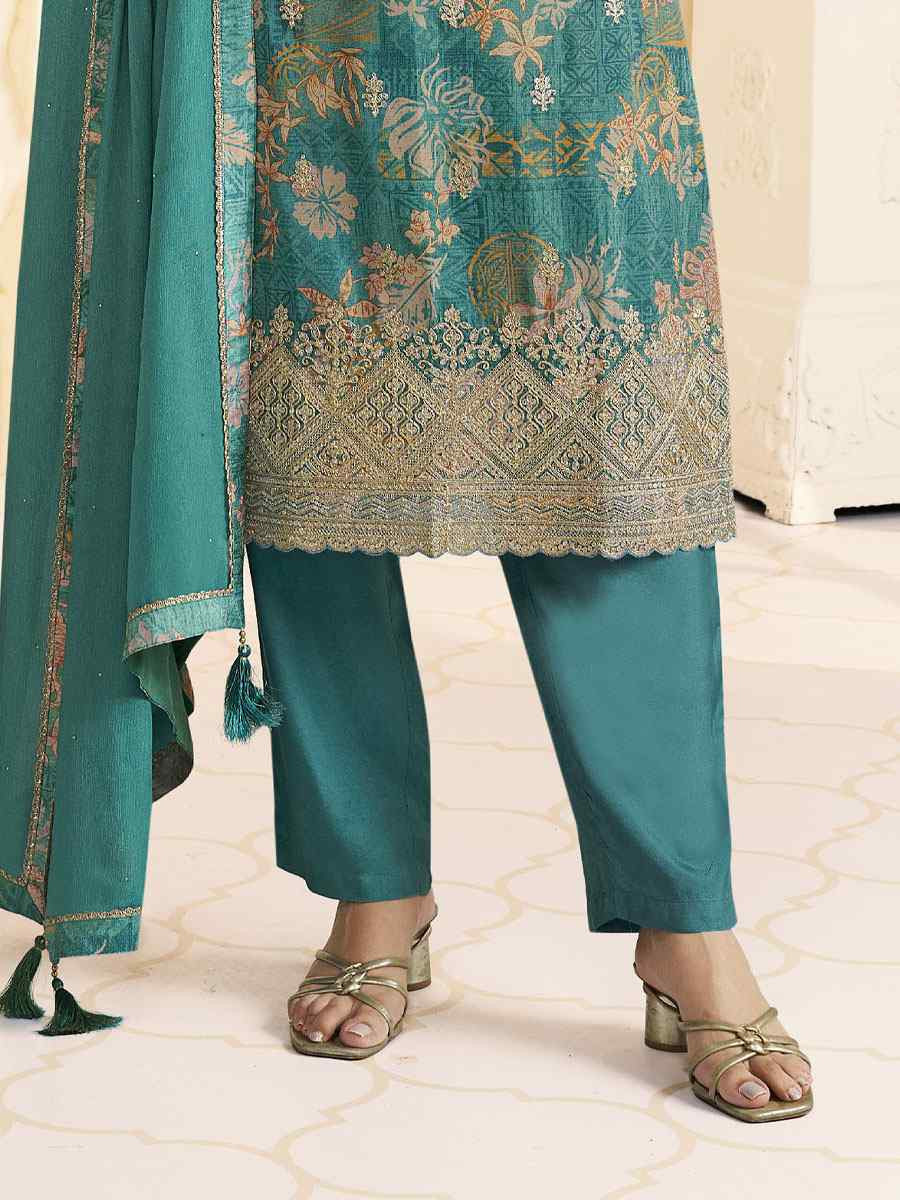 Turquoise Heavy Chinon Embroidery Printed Party Wedding Festival Casual Pant Salwar Kameez