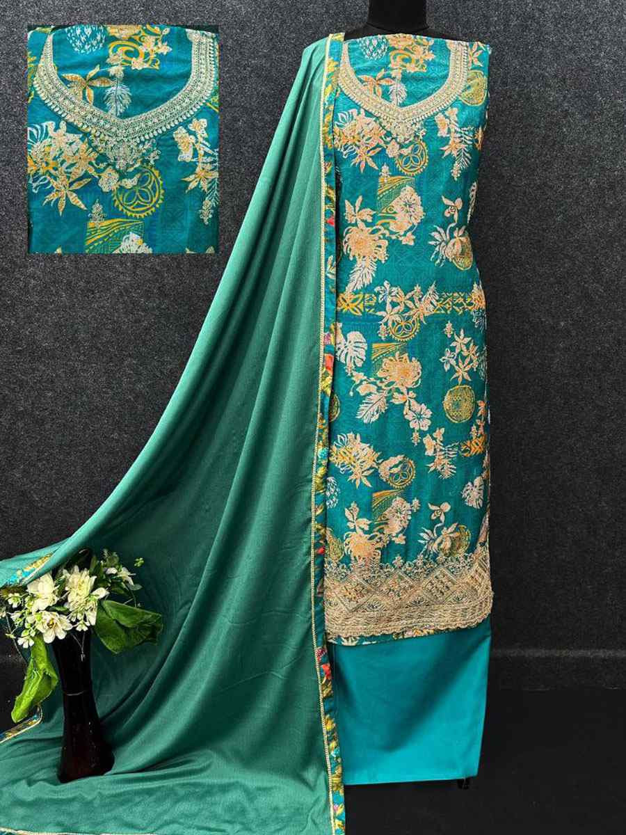 Turquoise Heavy Chinon Embroidery Printed Party Wedding Festival Casual Pant Salwar Kameez