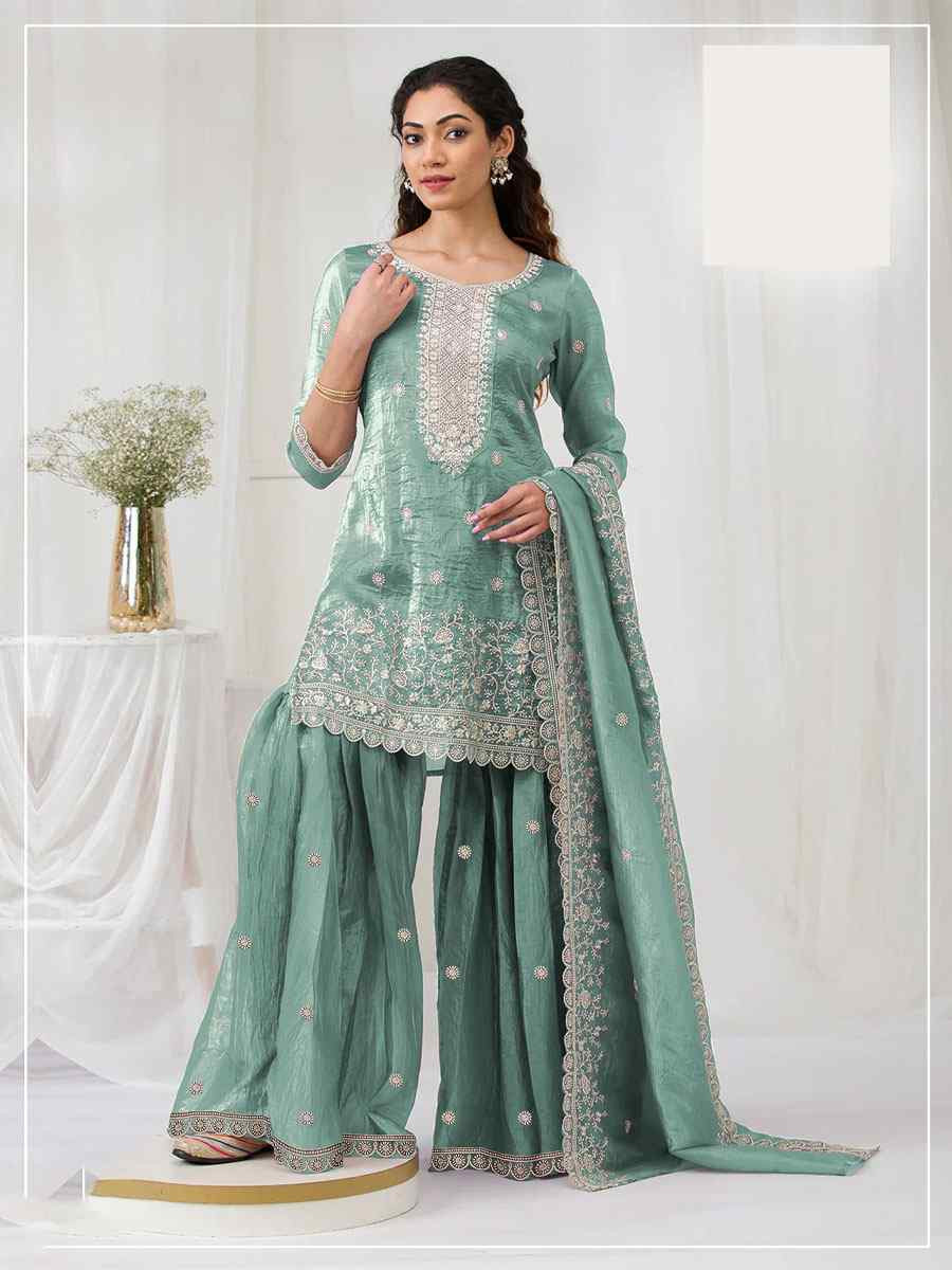 Turquoise Heavy Gold Crush Georgette Embroidered Festival Wedding Sharara Pant Salwar Kameez