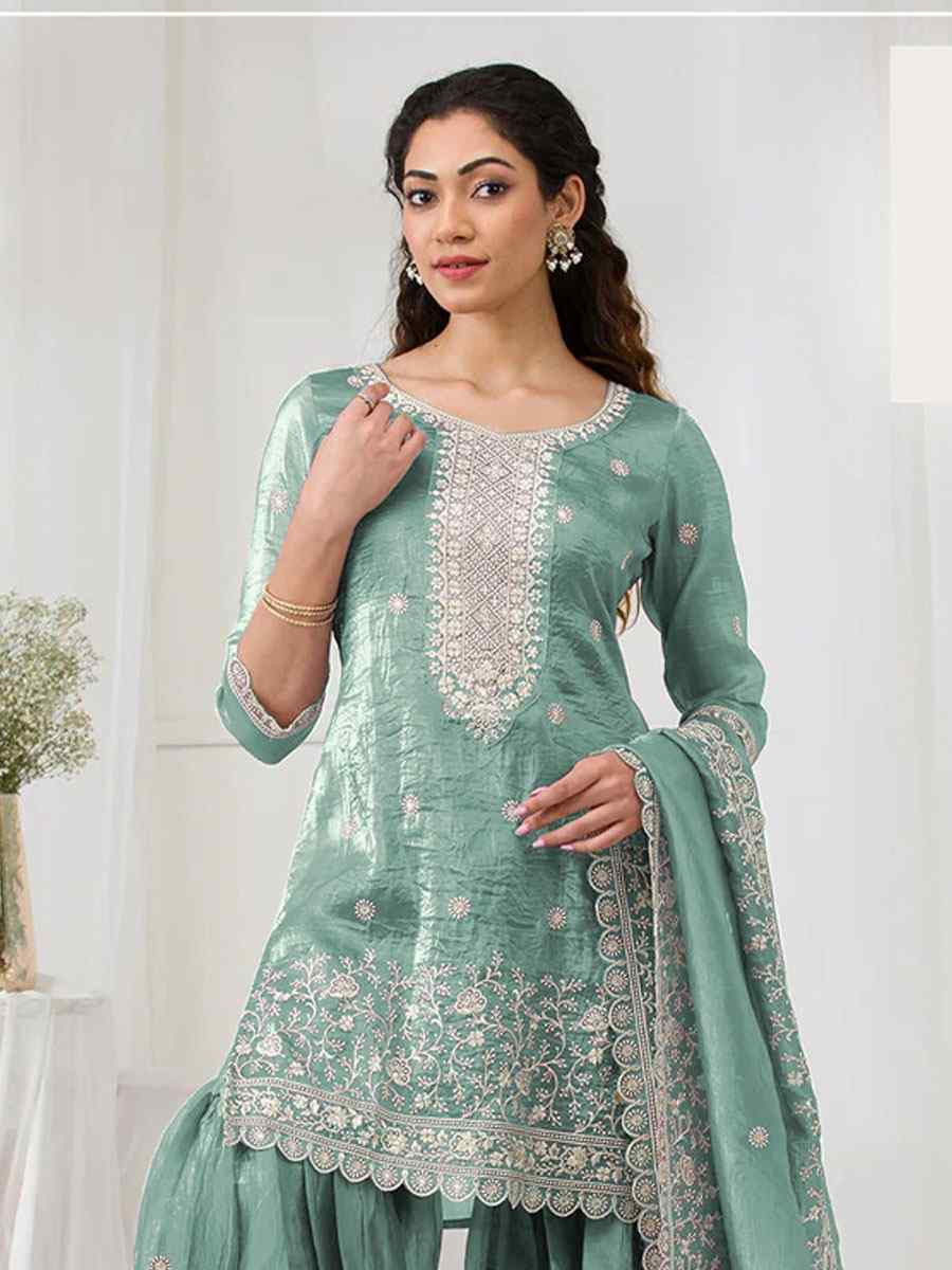 Turquoise Heavy Gold Crush Georgette Embroidered Festival Wedding Sharara Pant Salwar Kameez