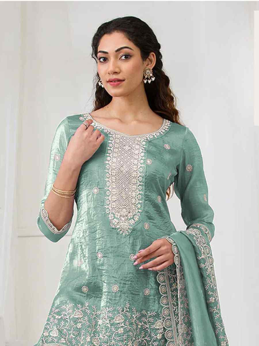 Turquoise Heavy Gold Crush Georgette Embroidered Festival Wedding Sharara Pant Salwar Kameez