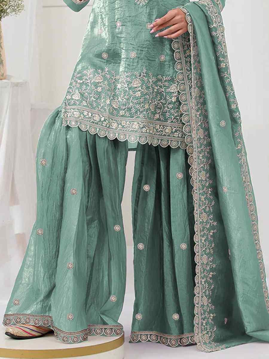 Turquoise Heavy Gold Crush Georgette Embroidered Festival Wedding Sharara Pant Salwar Kameez