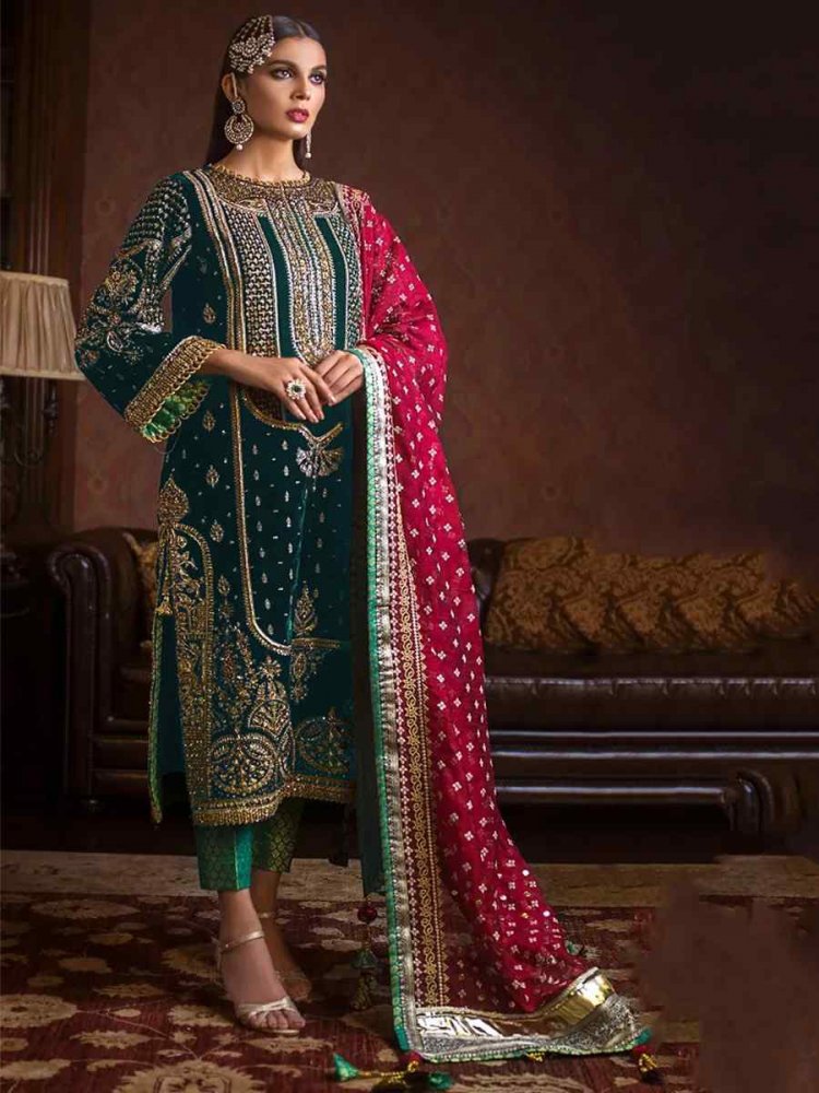 Turquoise Heavy Velvet Embroidered Festival Wedding Pant Salwar Kameez