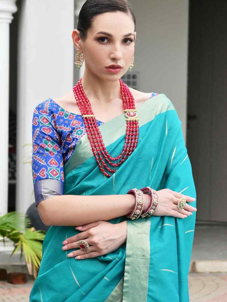 Turquoise Khadi Raw Silk Handwoven Casual Reception Festival Wedding Fancy Classic Style Sarees
