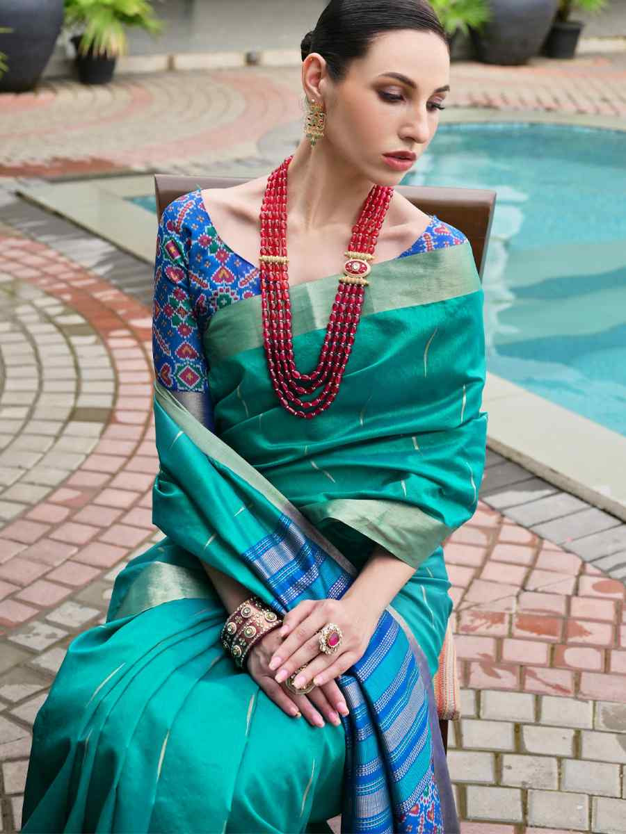 Turquoise Khadi Raw Silk Handwoven Casual Reception Festival Wedding Fancy Classic Style Sarees