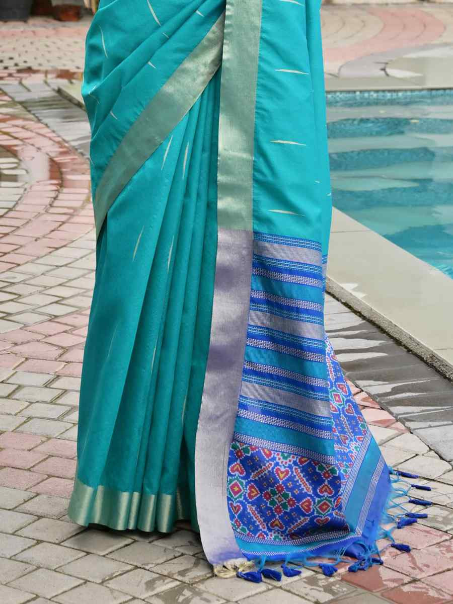 Turquoise Khadi Raw Silk Handwoven Casual Reception Festival Wedding Fancy Classic Style Sarees