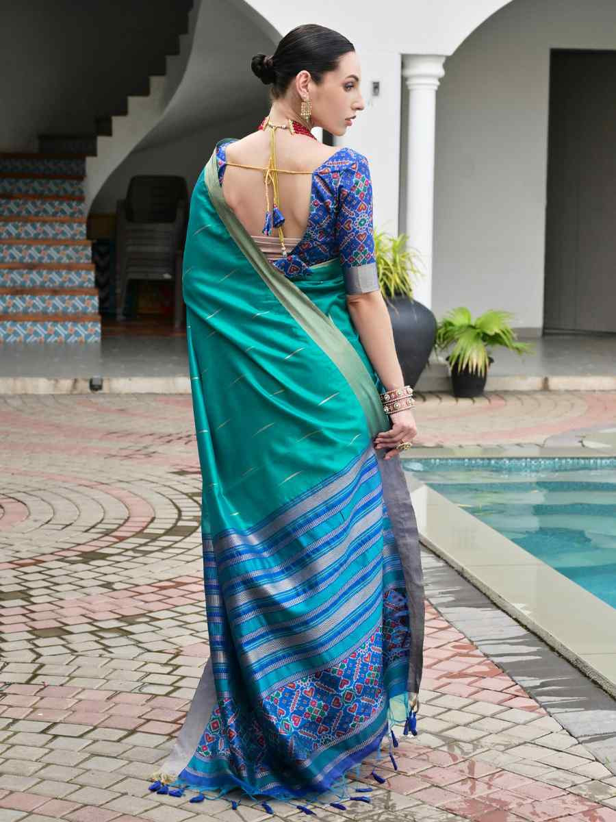 Turquoise Khadi Raw Silk Handwoven Casual Reception Festival Wedding Fancy Classic Style Sarees
