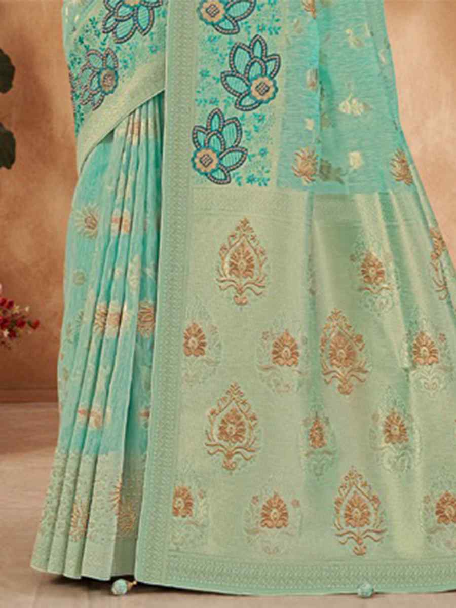 Turquoise Kora Silk Handwoven Wedding Festival Heavy Border Saree