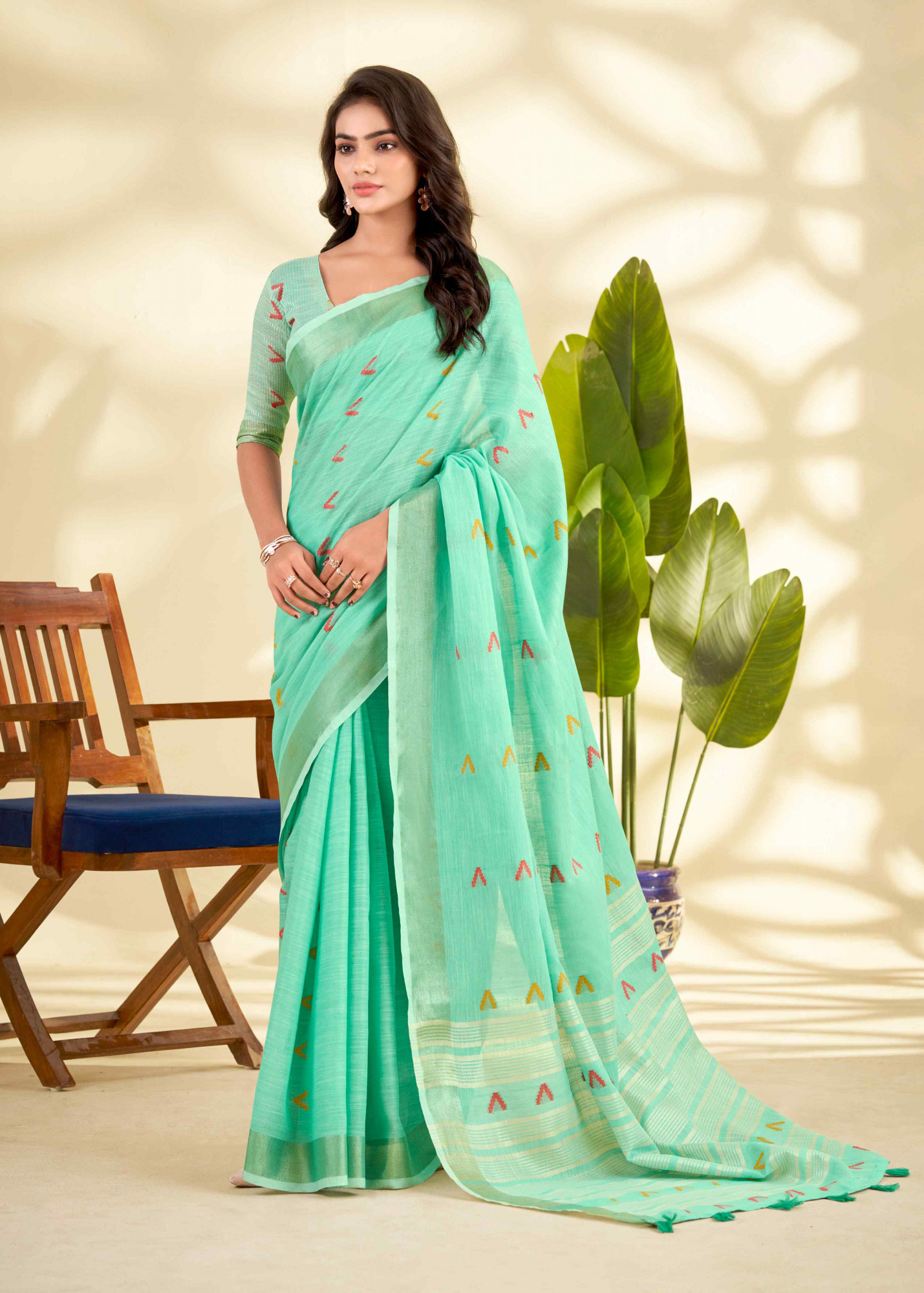 Turquoise Linen Silk With Zari Border Printed Casual Festival Classic Style Sarees