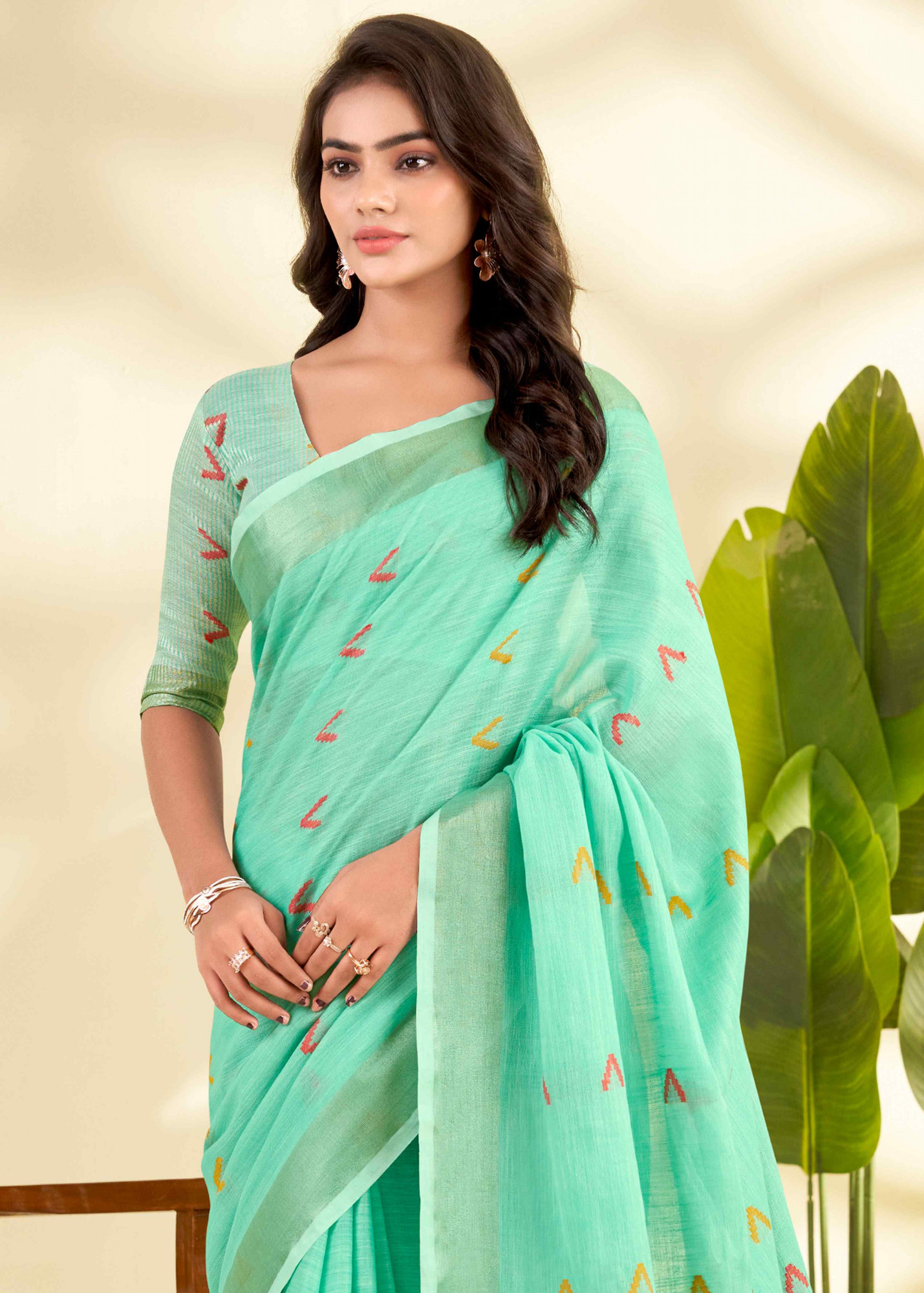 Turquoise Linen Silk With Zari Border Printed Casual Festival Classic Style Sarees