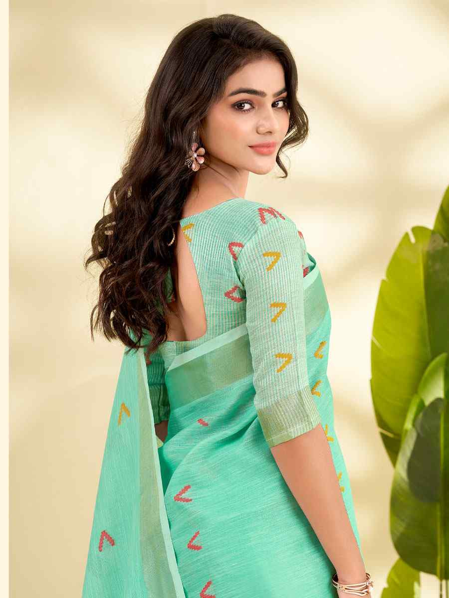 Turquoise Linen Silk With Zari Border Printed Casual Festival Classic Style Sarees