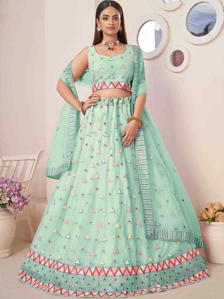 Turquoise Net Embroidered Reception Wedding Heavy Border Lehenga Choli